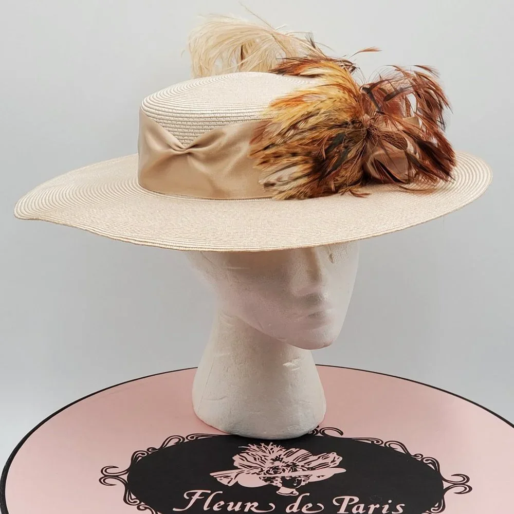 Fleur de Paris Boater's Straw Hat with Feathers